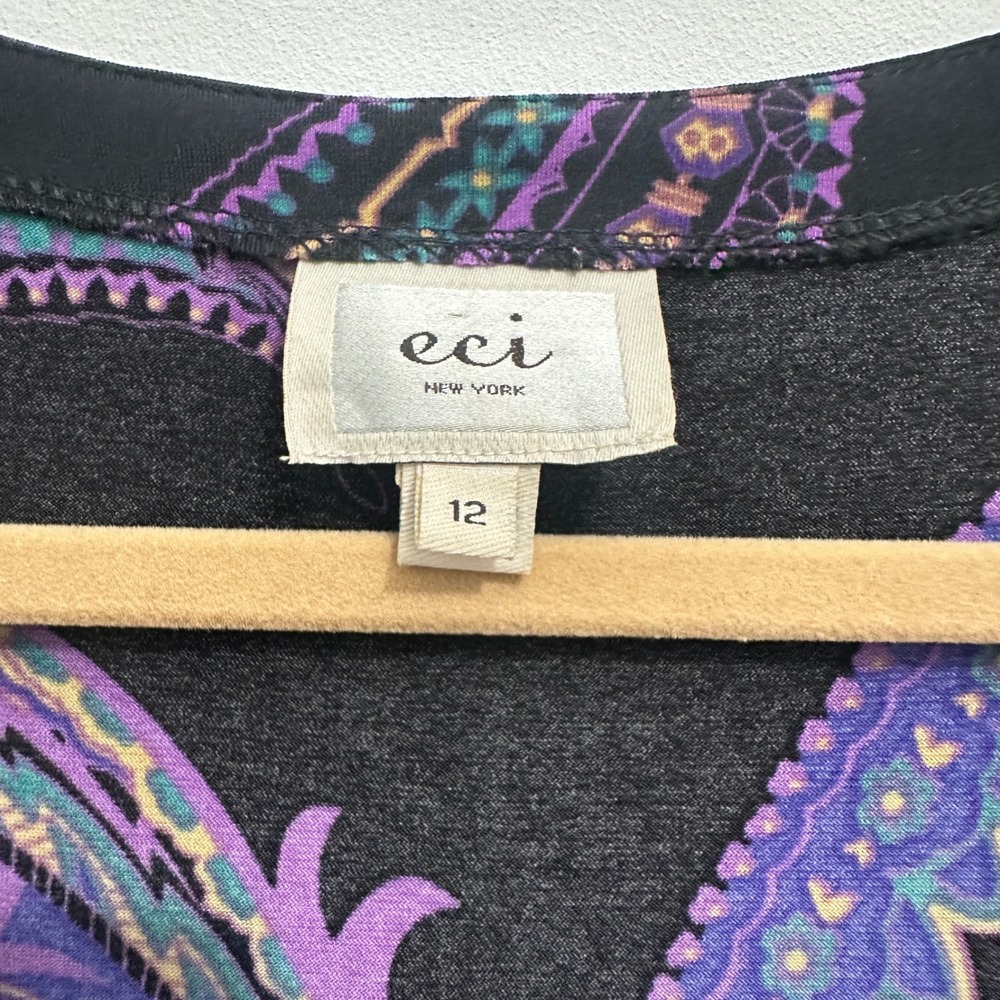 ECI New York Paisley Dress Purple Teal Beaded Empire Waist Roll Tab Sz 12 Boho - Picture 7 of 8